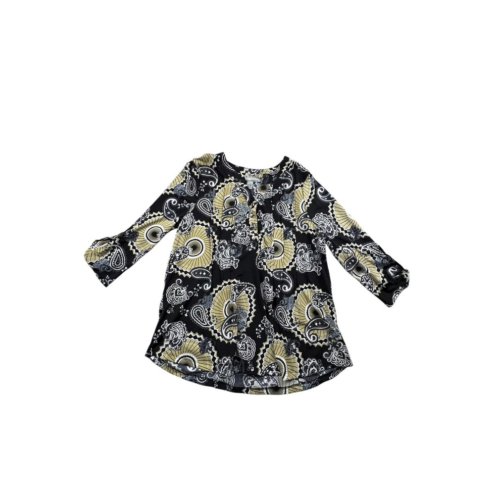 By Design Women's Paisley Print Tunic Blouse Medium Black Gold Stretch